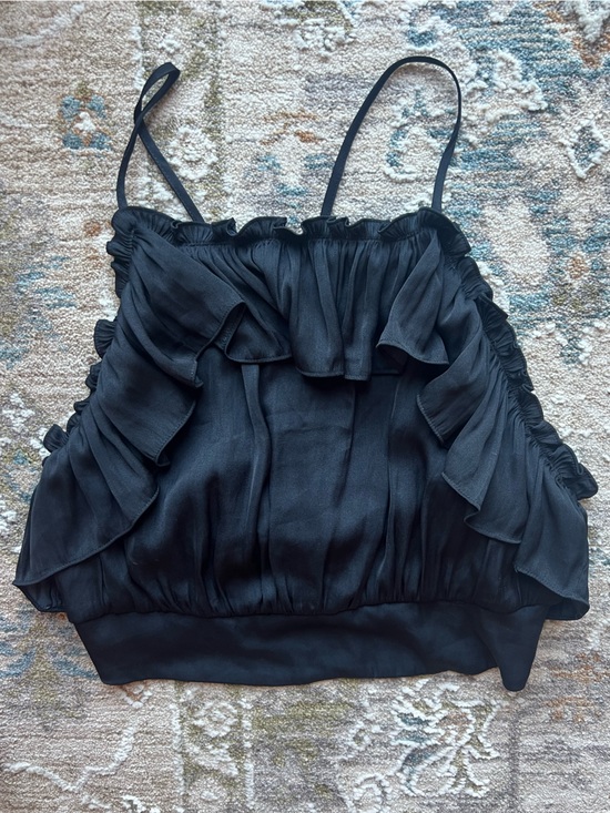Free People Tops - Free People Dark Blue Ruffle Satin Crop Top